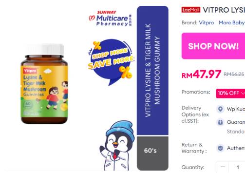 VITPRO LYSINE & TIGER MILK MUSHROOM GUMMY 60'S