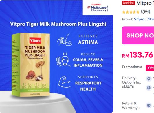 Vitpro Tiger Milk Mushroom Plus Lingzhi Capsule 500mg 60s