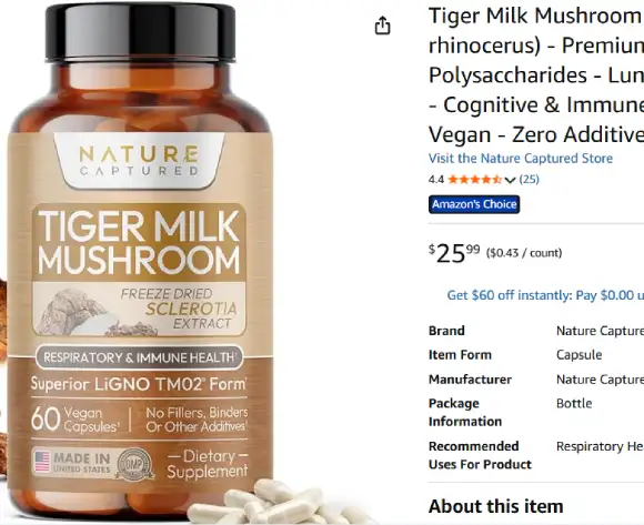 Nature Captured Tiger Milk Mushroom Extract (Lignosus rhinocerus) Premium LiGNO TM02®