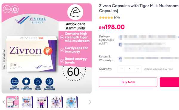 Zivron Capsules with Tiger Milk Mushroom